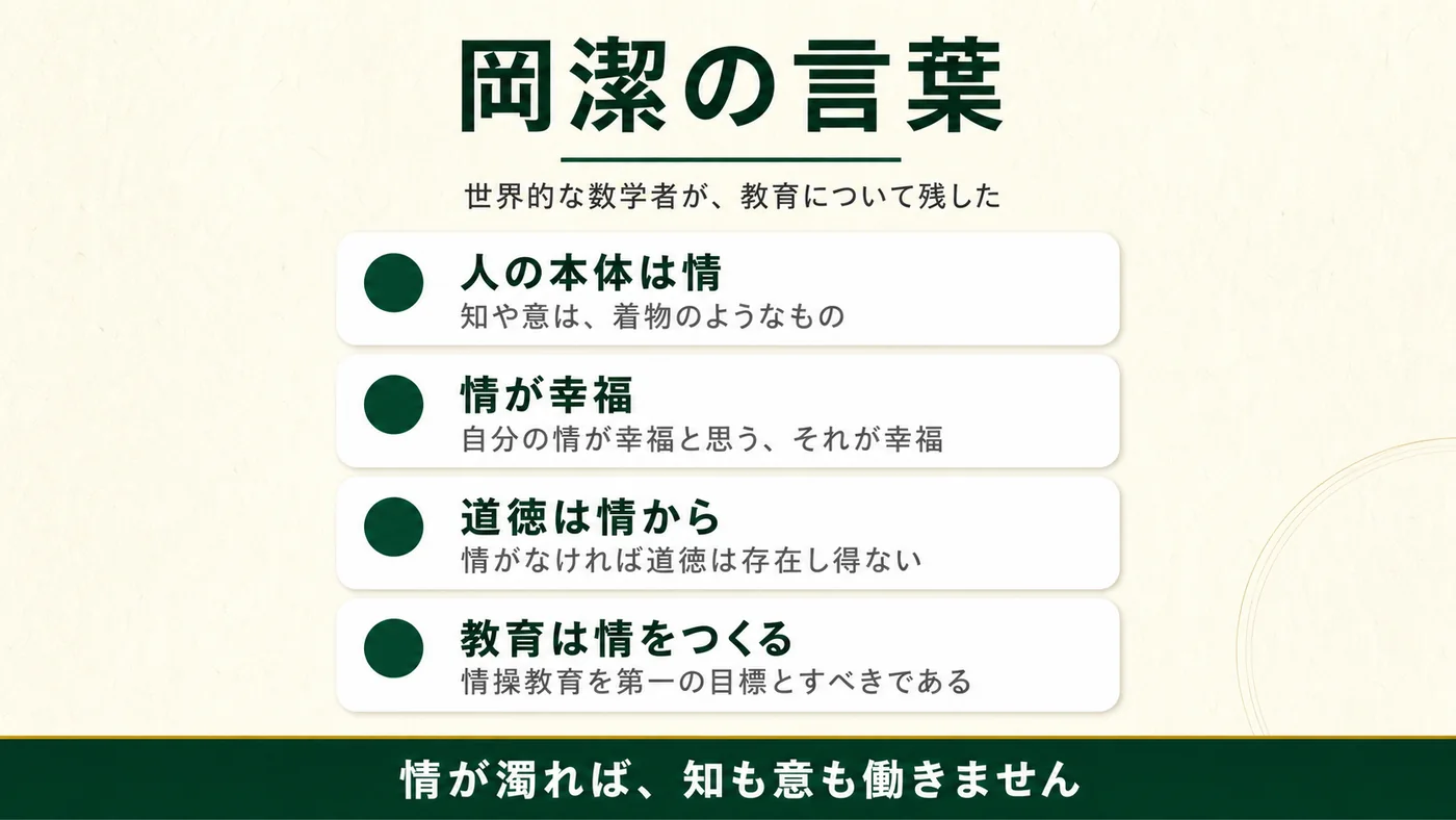 人の本体は情であり、知や意は着物のようなもの。自分の情が幸福と思う、それが幸福。情がなければ道徳は存在し得ない。教育は何よりも情をつくるべきで、情操教育を第一の目標とすべきである。
